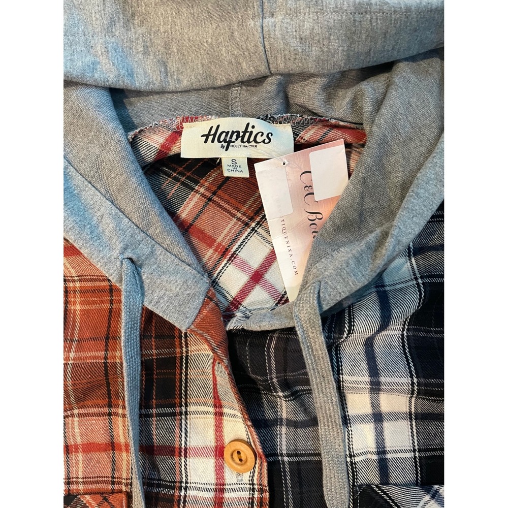NEW Haptics Plaid Colorblock Hooded Button Up Shirt Size S - Picture 2 of 2